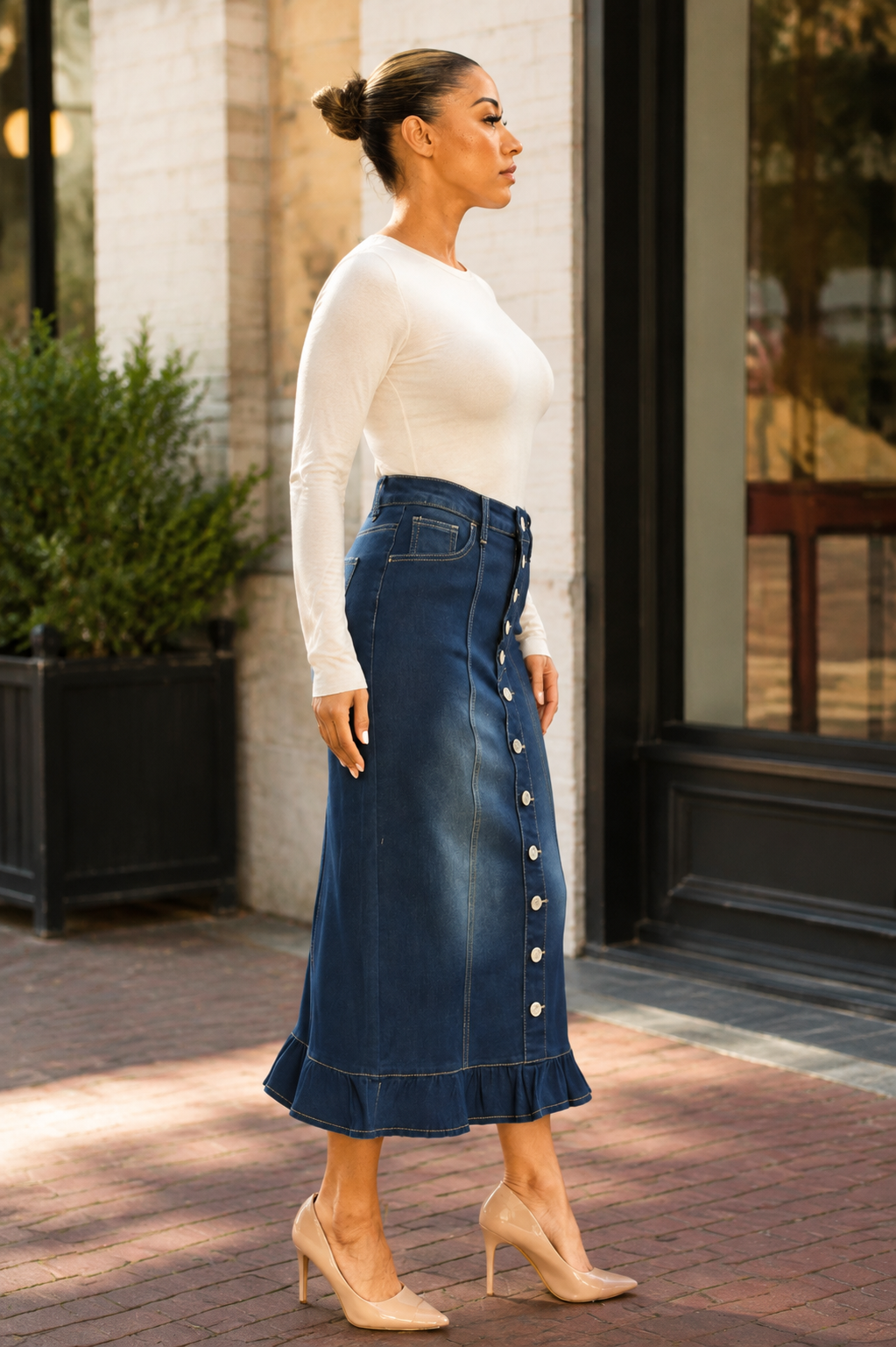 BeGirl Button Front Denim Long Skirt Dk Indigo Wash styled look 4