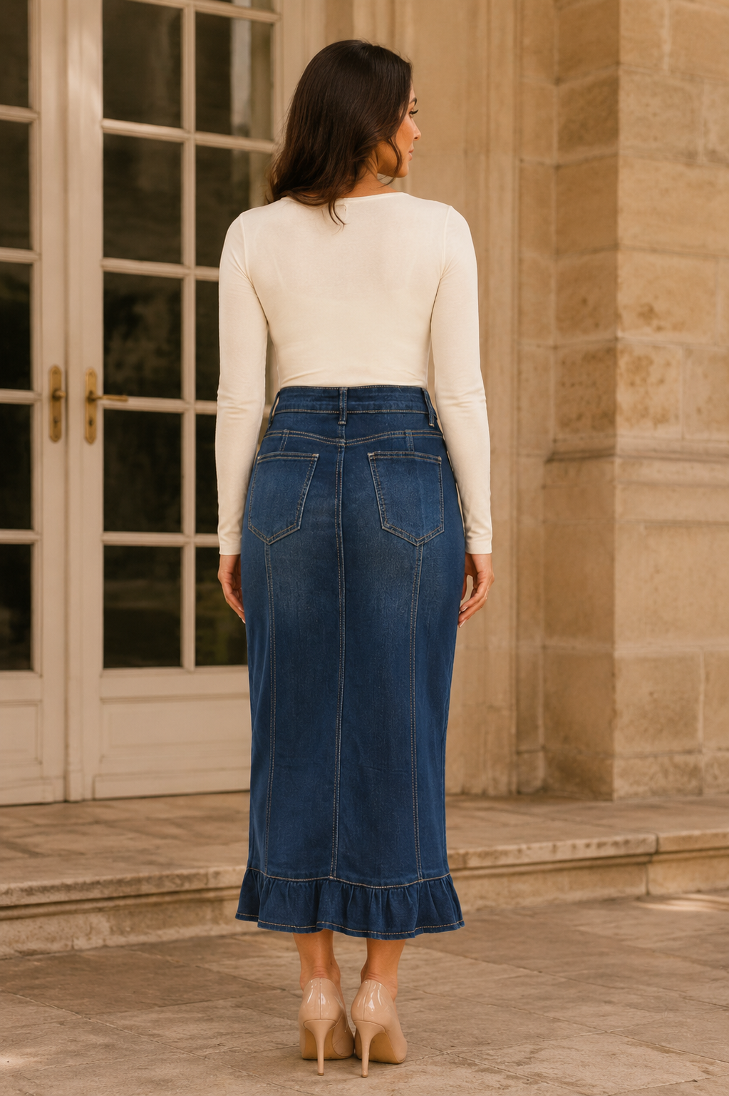 BeGirl Button Front Denim Long Skirt Dk Indigo Wash close up front