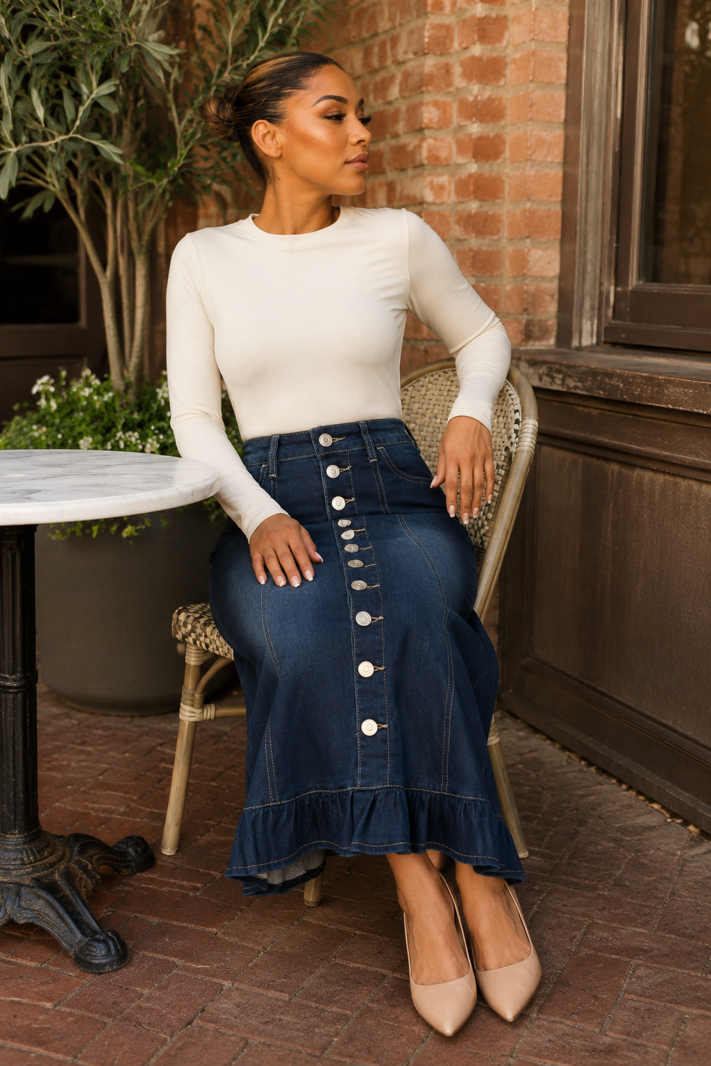 BeGirl Button Front Denim Long Skirt Dk Indigo Wash styled look 1