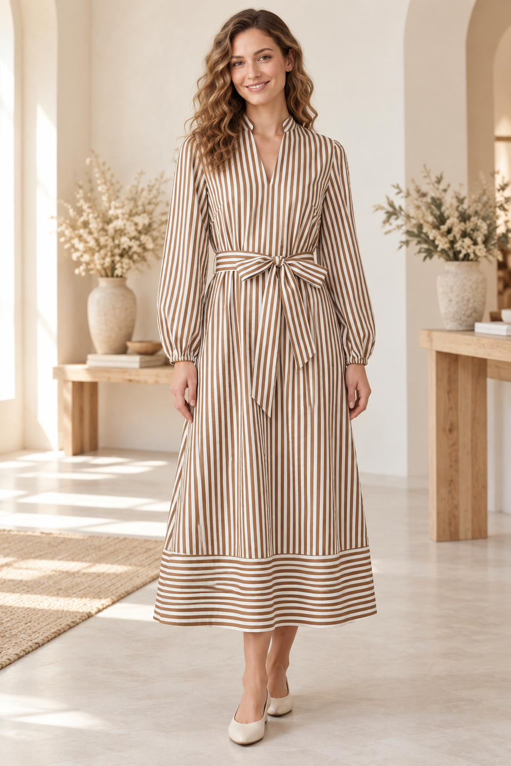 Long Sleeve Striped Midi Shirt Dress with Belt ST2007