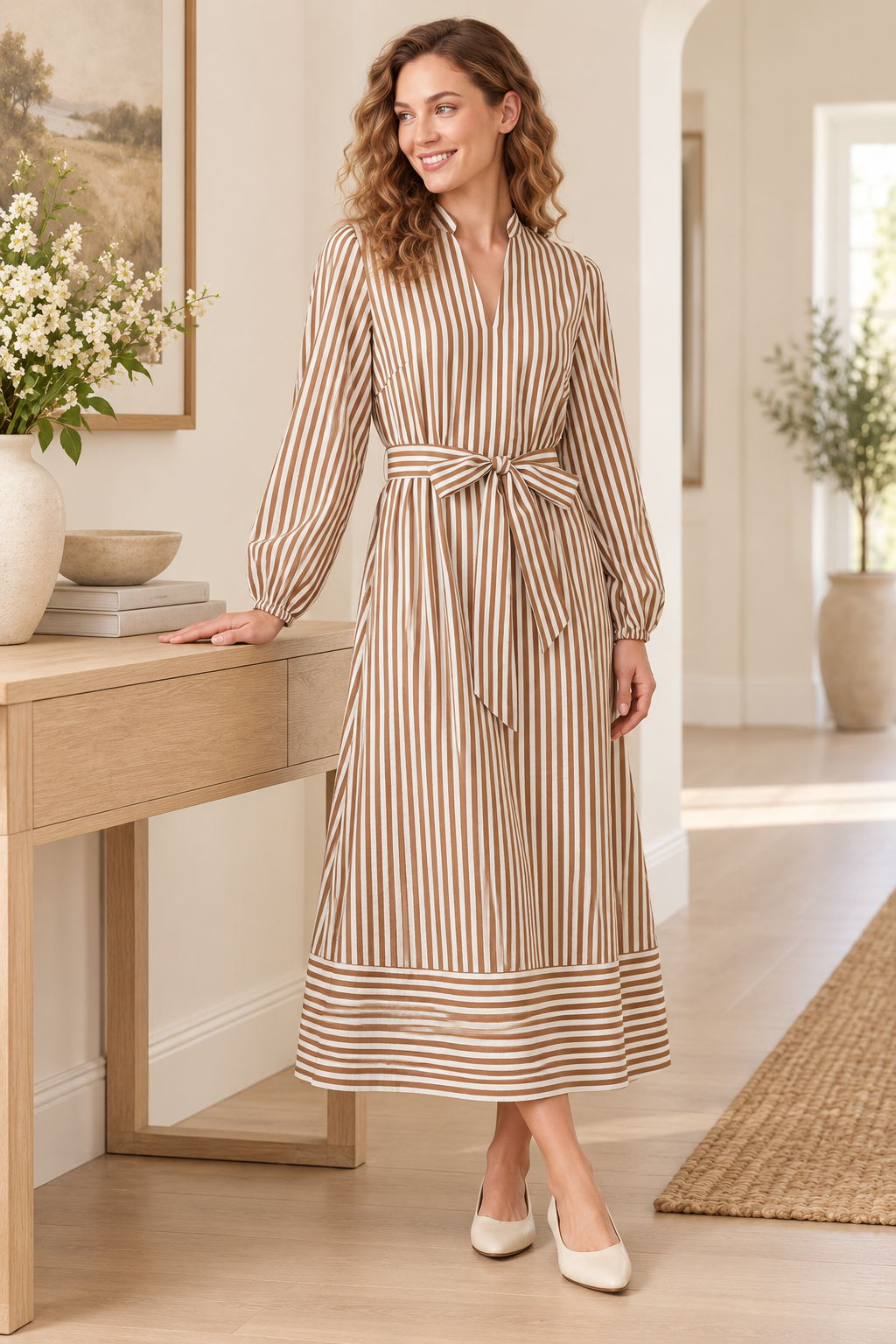 Long Sleeve Striped Midi Shirt Dress with Belt ST2007