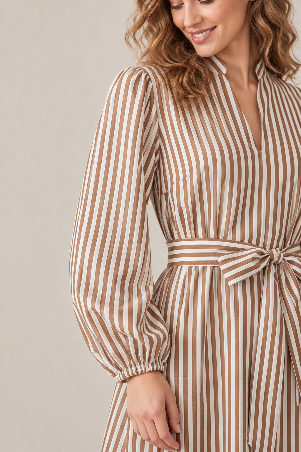 Long Sleeve Striped Midi Shirt Dress with Belt ST2007