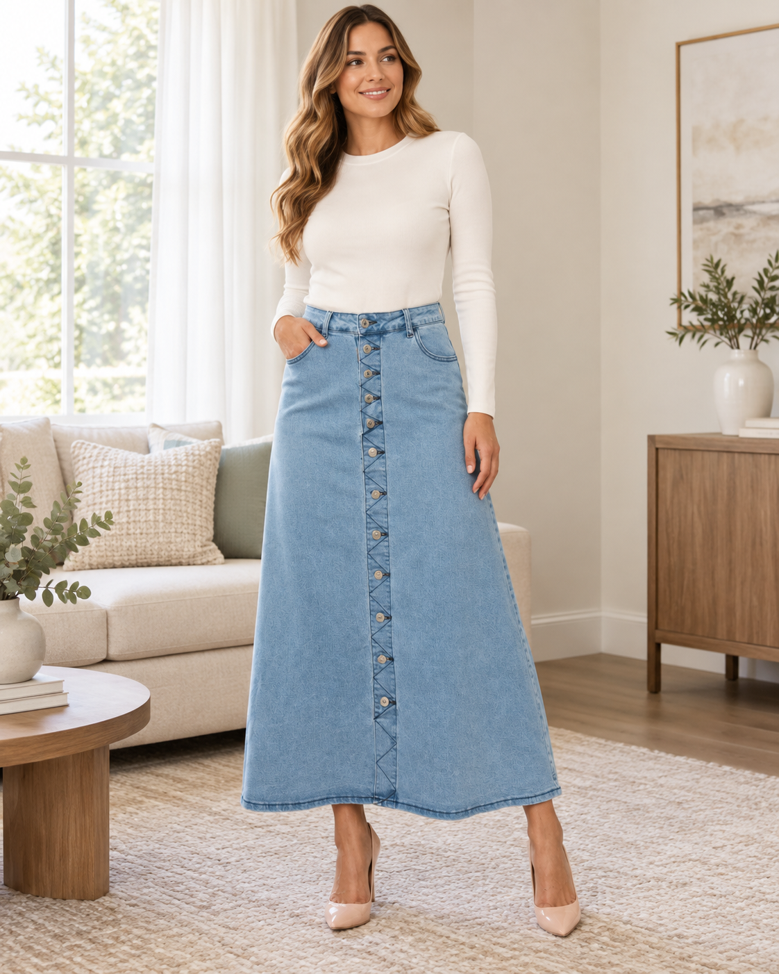 Be-Girl Plus Size Denim Light Wash Button Front Maxi Skirt 89319