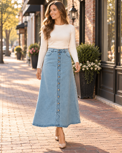 Light wash plus size denim maxi skirt with button front from Be-Girl by ModestAndDevoted, featuring a flowing design and casual style.