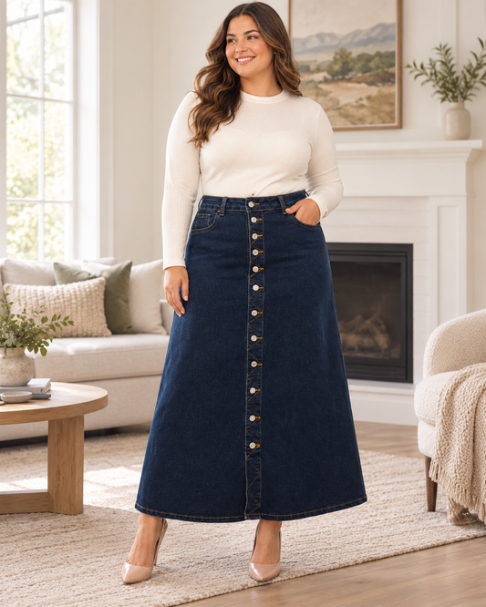 BeGirl Plus Denim Button Front Maxi Skirt in Dark Wash 89319