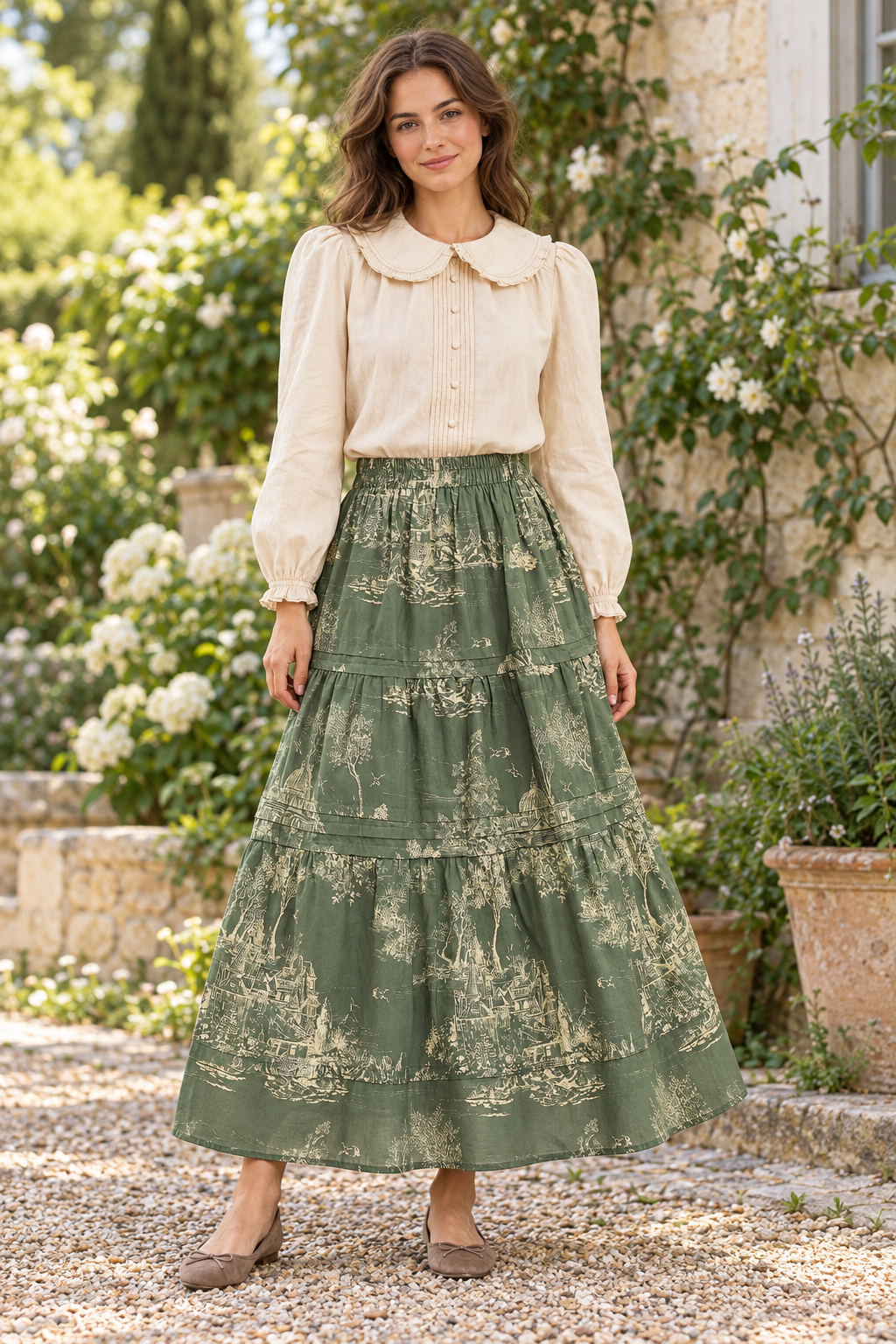 Cottage Garden shoppable look, olive toile maxi skirt with cream Peter Pan collared blouse