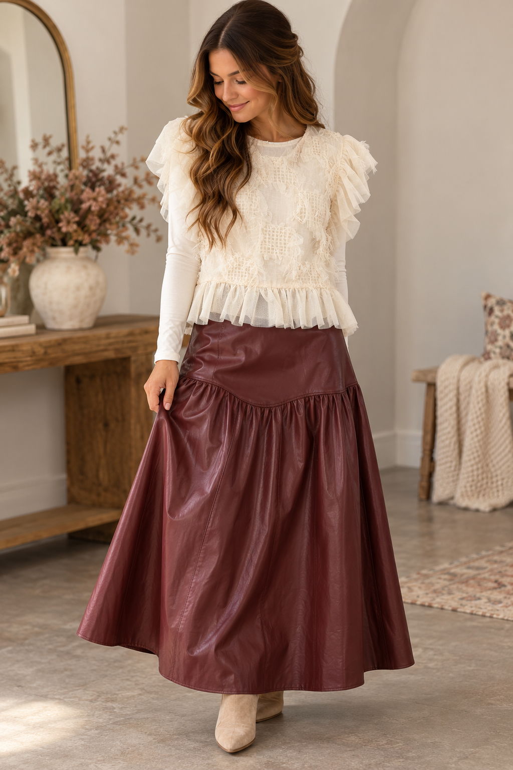 HEYSON Muted Wine Faux Leather Drop-Waist Maxi Skirt lifestyle view 11
