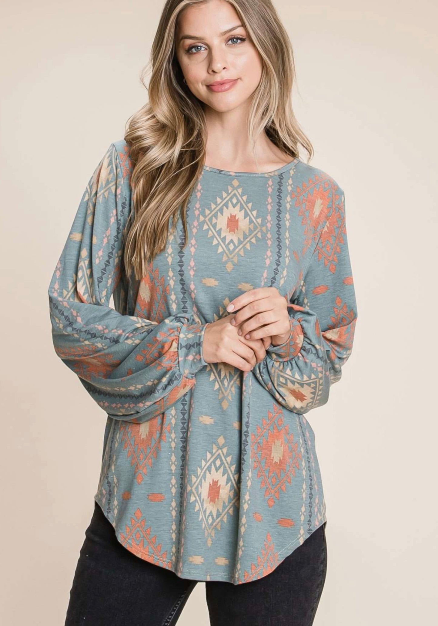 Bombom TL1601A Aztec Print Loose Fit Tunic Top