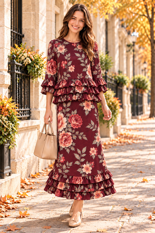Burgundy Floral Two-Piece Set