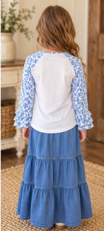 Girls Blue Toile JOY Christmas Ruffle Sleeve Top product image 5