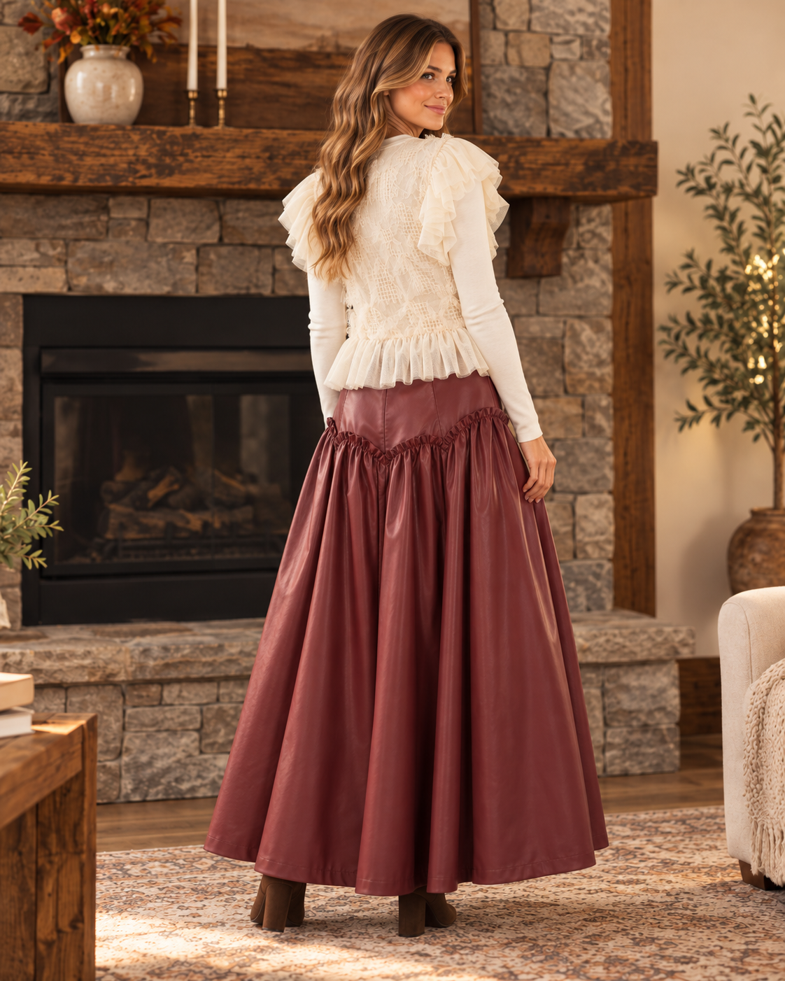HEYSON Muted Wine Faux Leather Drop-Waist Maxi Skirt lifestyle view 12