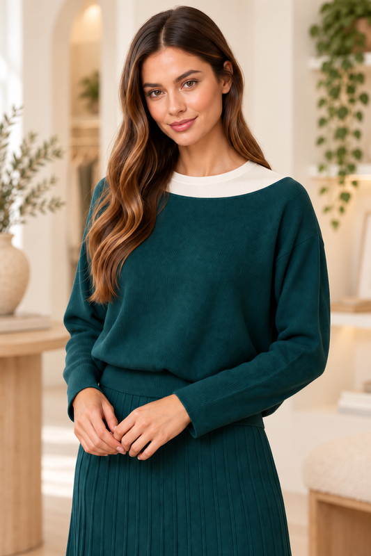 Forest Teal Boat Neck Dolman Sleeve Ribbed Sweater