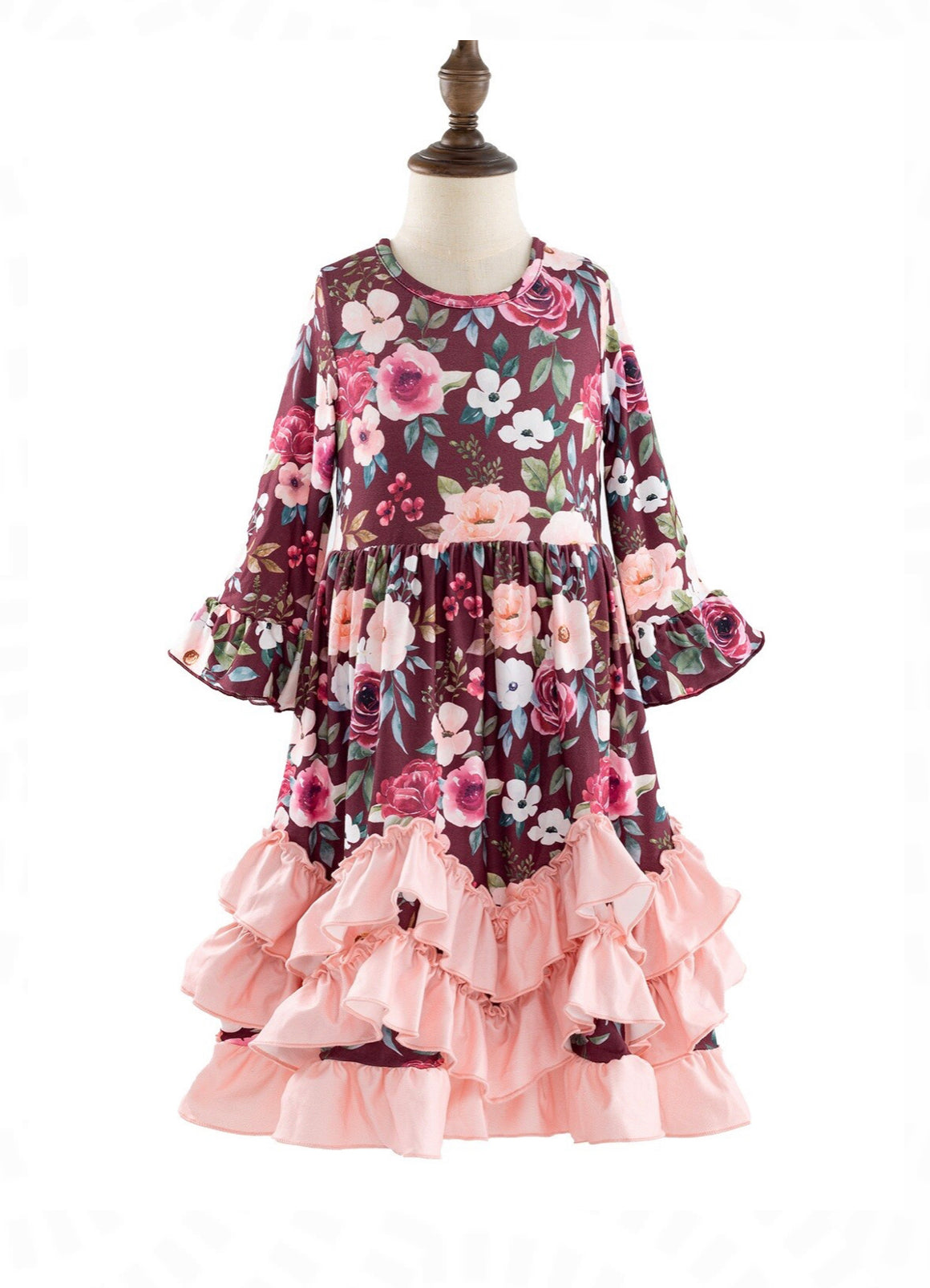 Crimson Rose Floral Girls Ruffle Maxi Dress