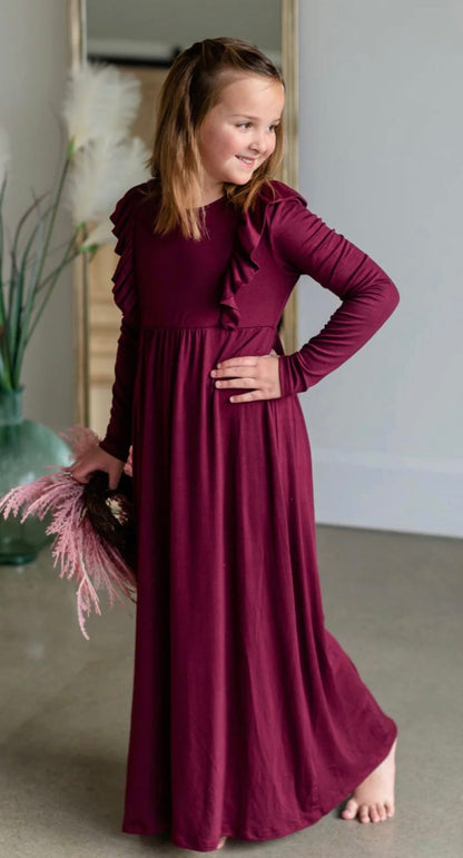 Girls Burgundy Ruffle Bodice Maxi Dress