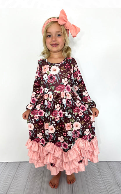 Crimson Rose Floral Girls Ruffle Maxi Dress