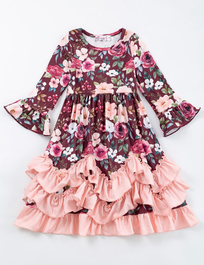 Crimson Rose Floral Girls Ruffle Maxi Dress