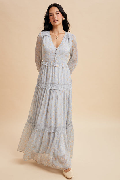 Blue floral maxi dress with lace panels