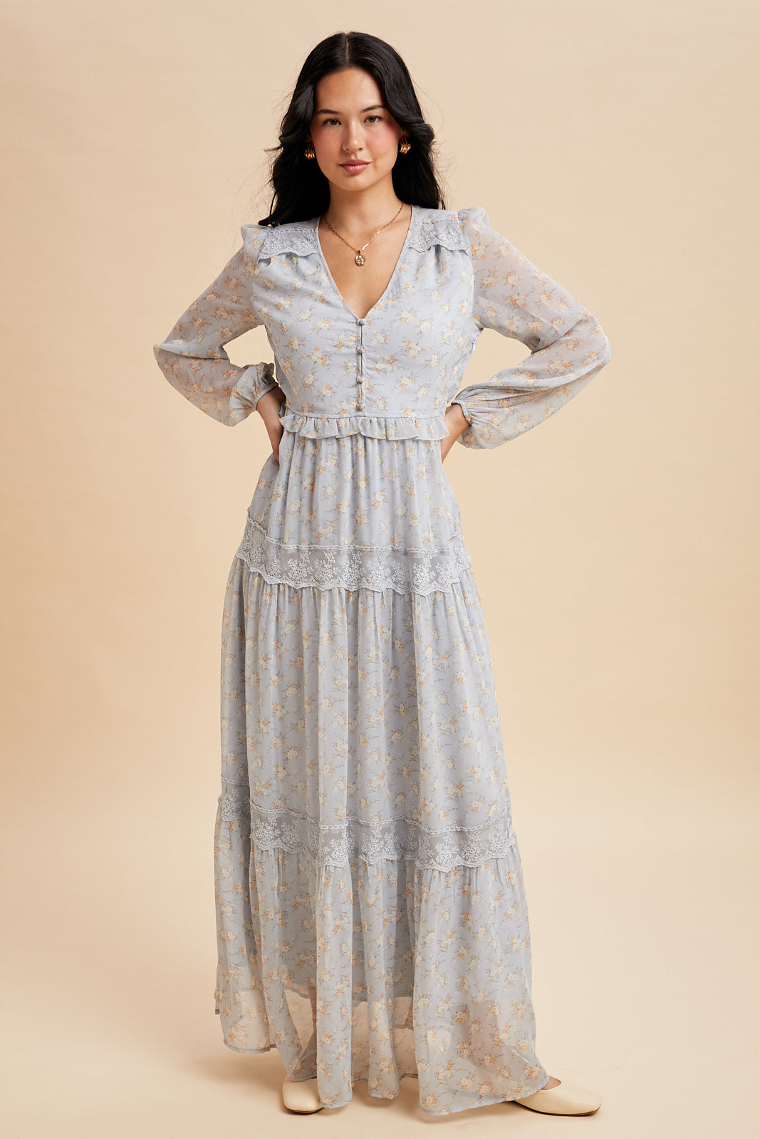 Blue Floral Lace Paneled Maxi Dress
