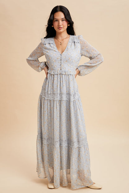 Blue Floral Lace Paneled Maxi Dress