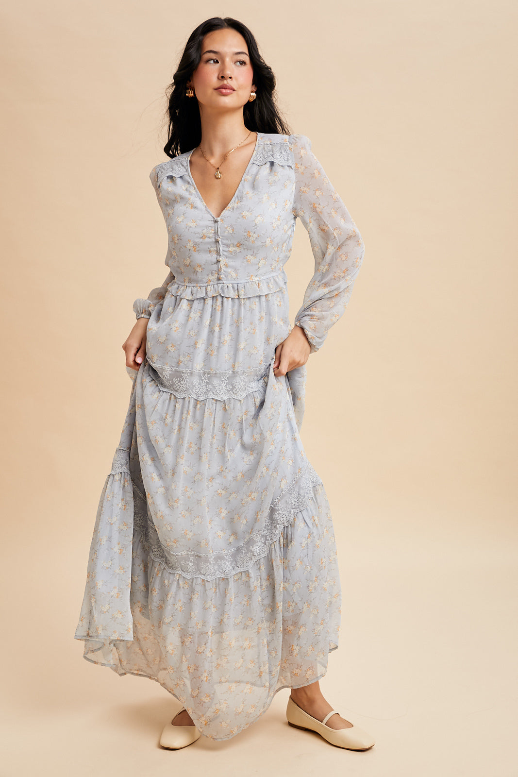 Floral Lace Paneled Maxi Dress in Blue