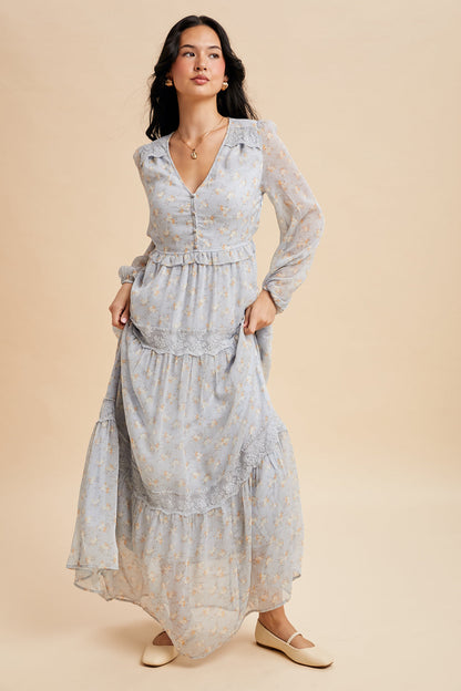 Floral Lace Paneled Maxi Dress in Blue