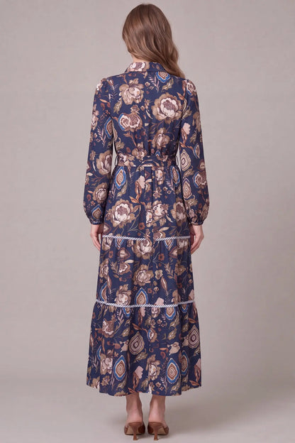 Long Sleeve Button-Down Paisley Tiered Print Maxi Dress - Navy