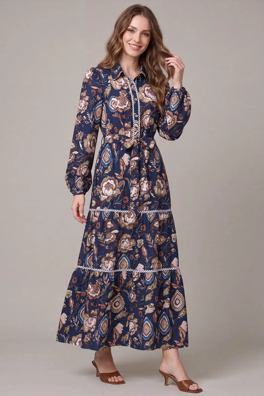 Long Sleeve Button-Down Paisley Tiered Print Maxi Dress - Navy