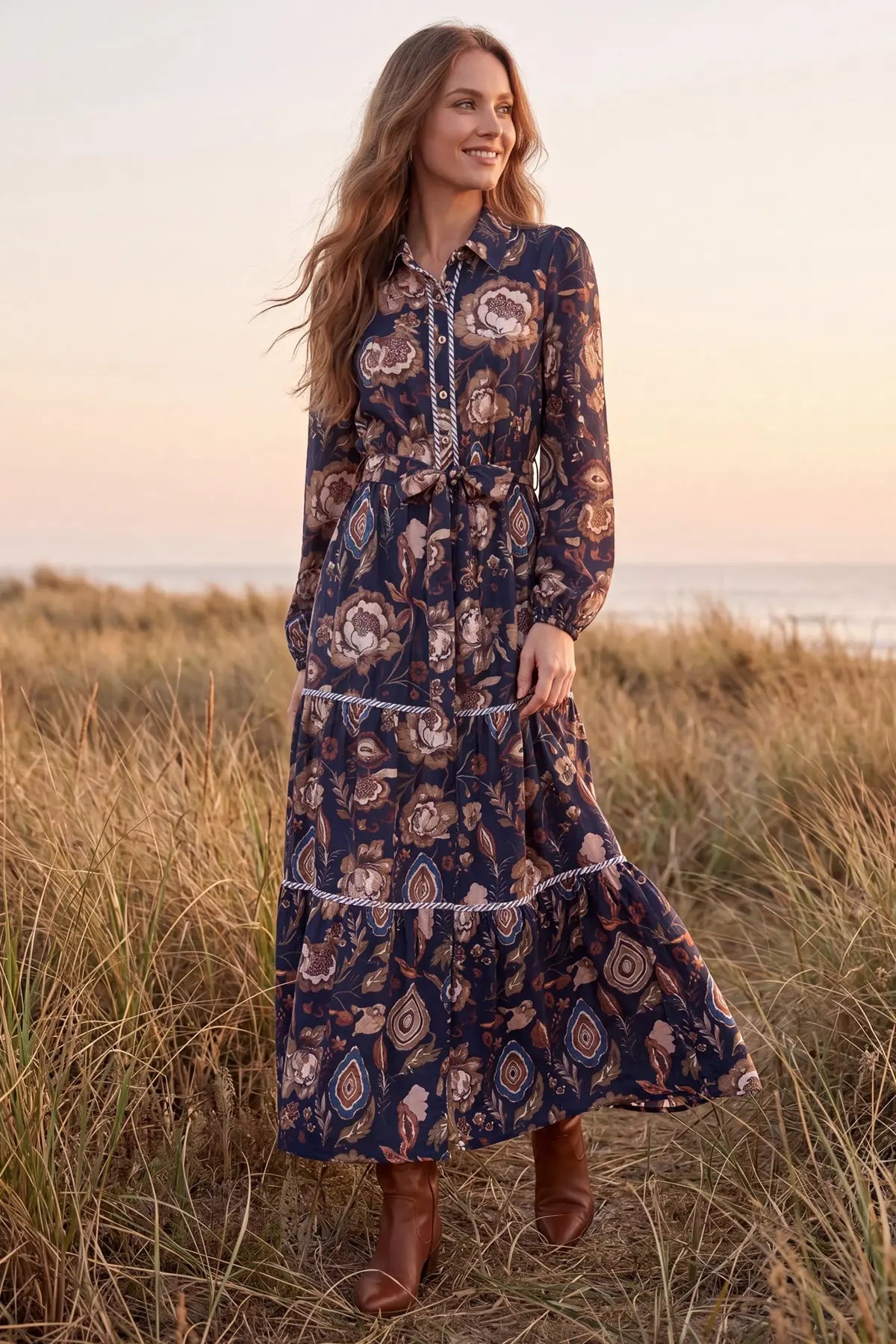 Long Sleeve Button-Down Paisley Tiered Print Maxi Dress - Navy