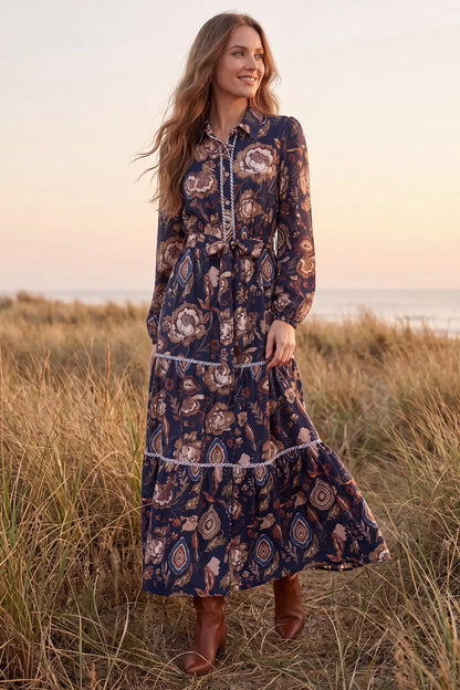 Long Sleeve Button-Down Paisley Tiered Print Maxi Dress - Navy