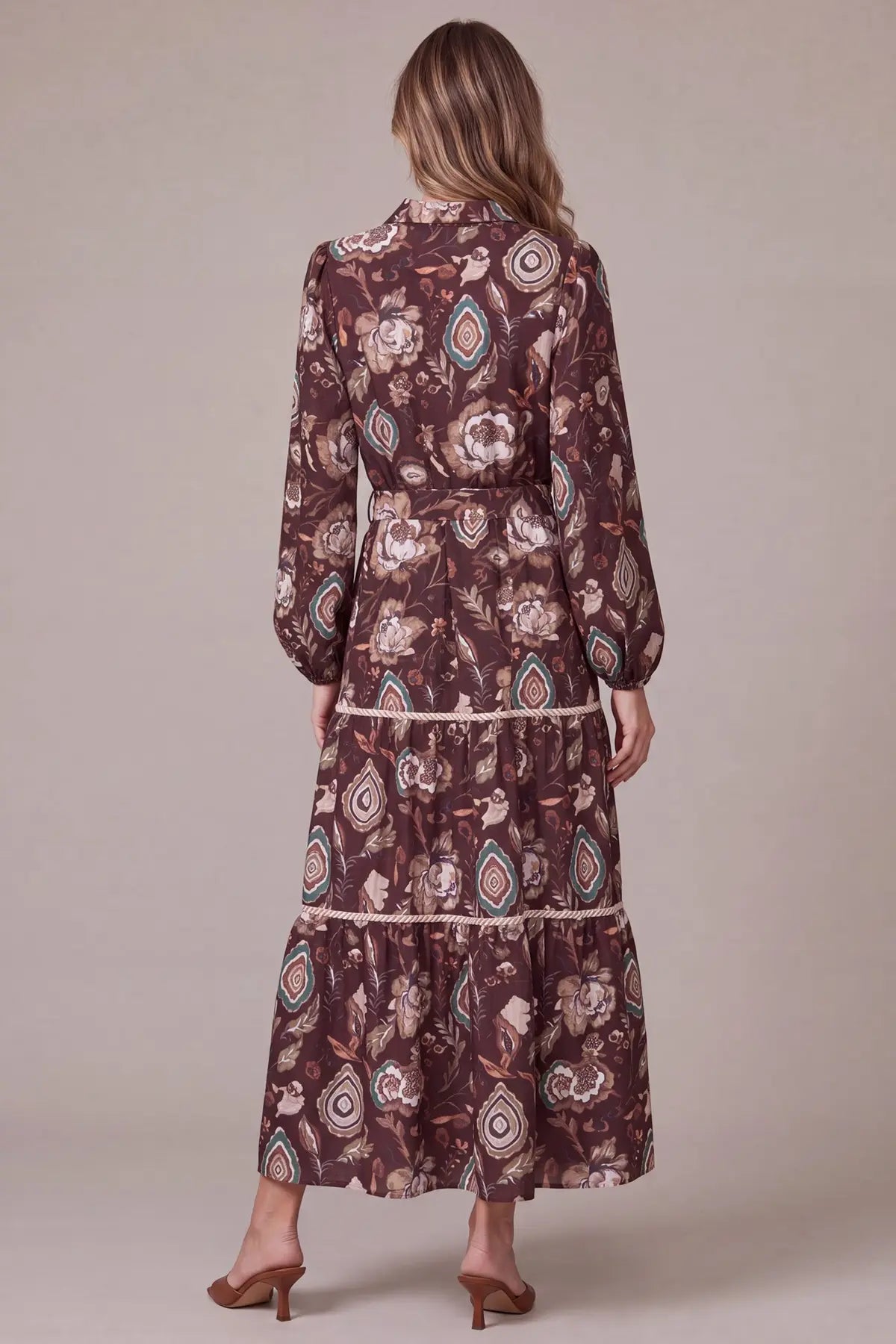 Long Sleeve Button-Down Paisley Tiered Print Maxi Dress - Navy