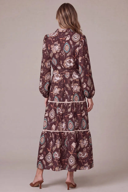 Long Sleeve Button-Down Paisley Tiered Print Maxi Dress - Navy