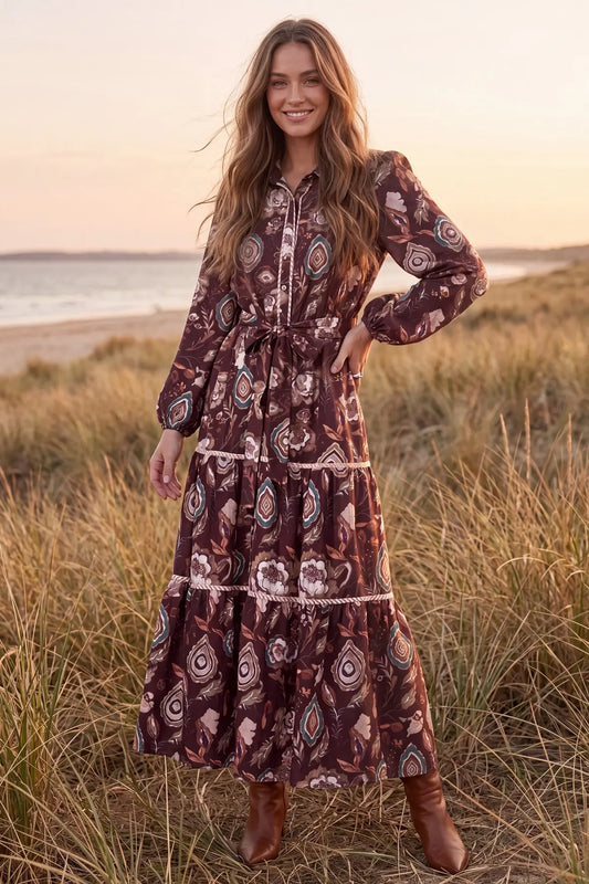 Long Sleeve Button-Down Paisley Tiered Print Maxi Dress - Bordeaux
