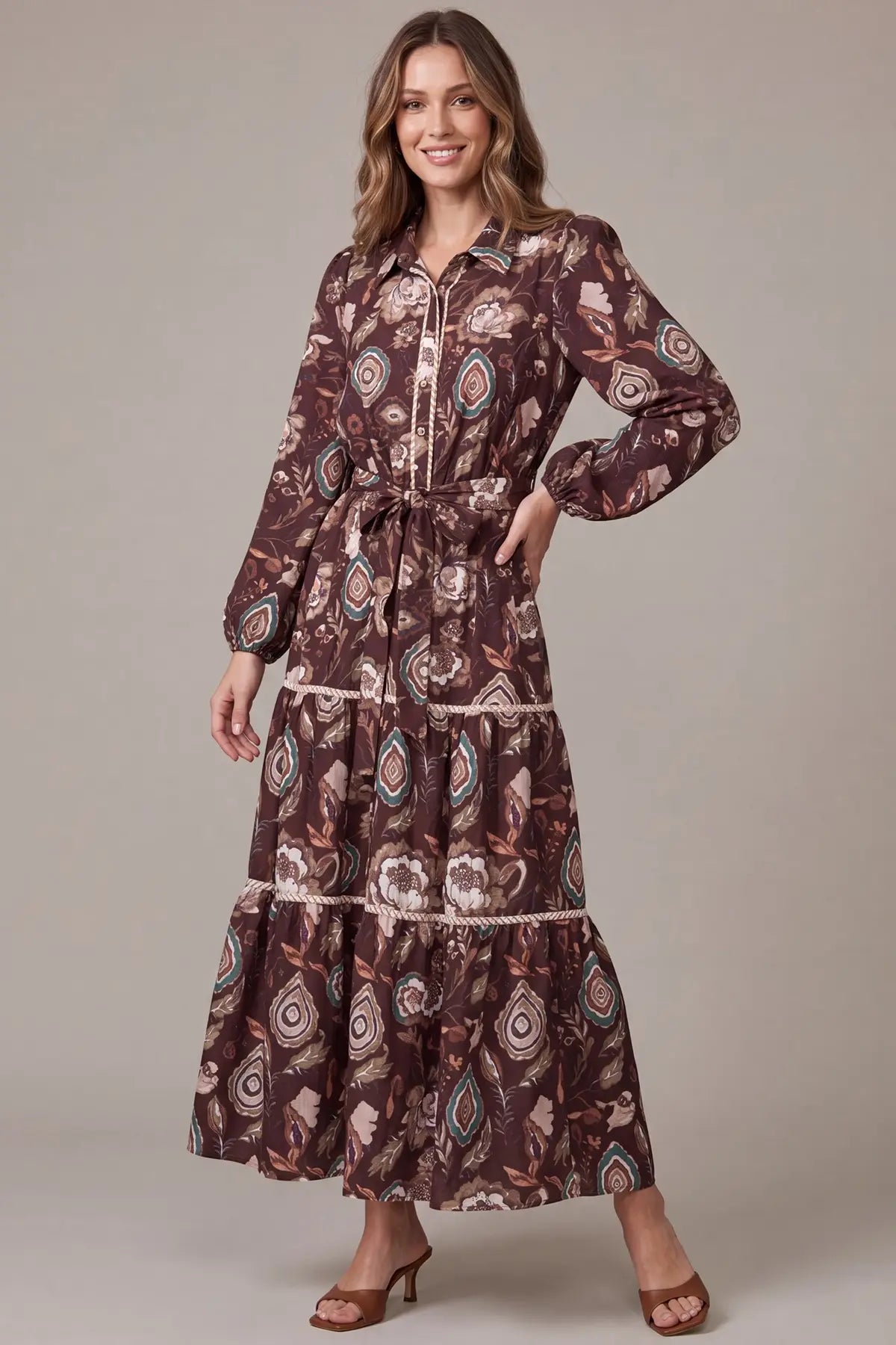 Long Sleeve Button-Down Paisley Tiered Print Maxi Dress - Navy