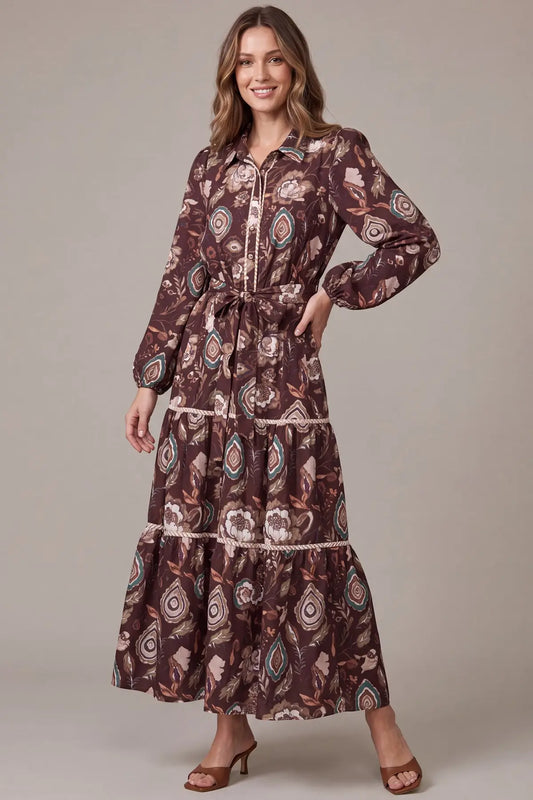 Long Sleeve Button-Down Paisley Tiered Print Maxi Dress - Bordeaux