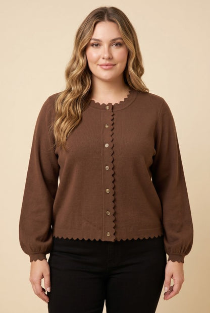 Plus scallop edge balloon sleeve sweater cardigan by ModestAndDevoted, featuring a cozy knit with elegant scalloped details and balloon sleeves.
