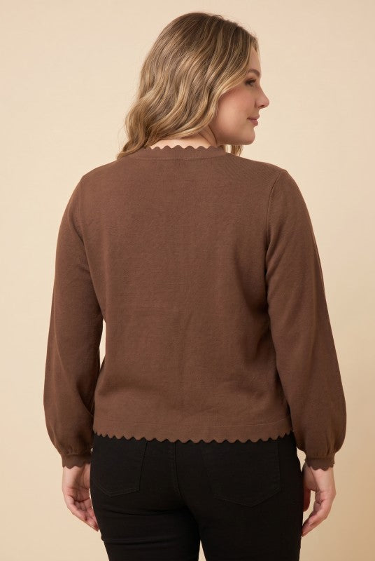 Plus scallop edge balloon sleeve sweater cardigan by ModestAndDevoted, featuring a cozy knit with scalloped details and balloon sleeves.