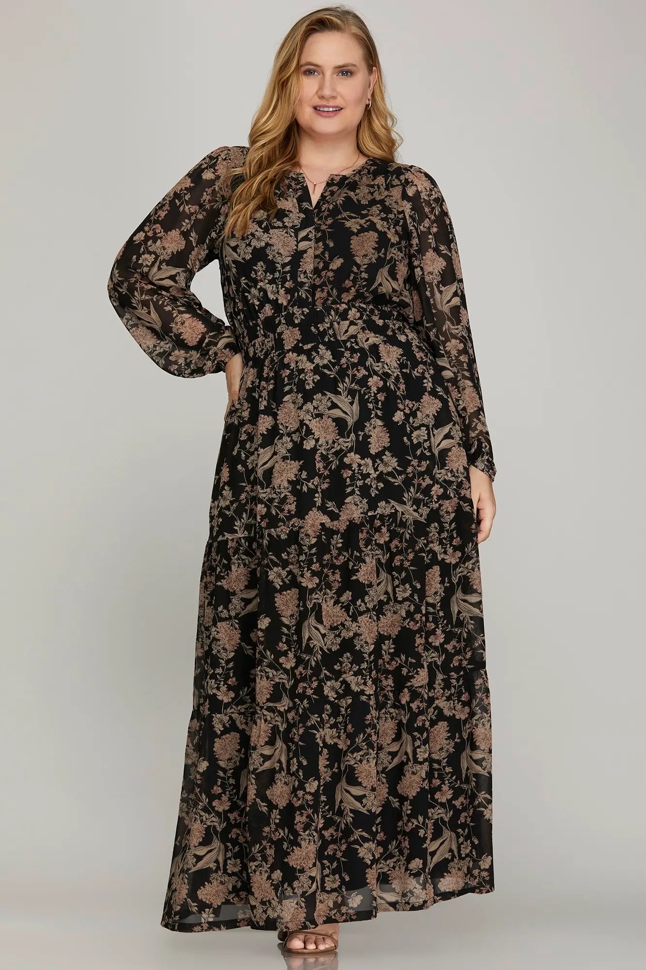 Plus Printed Tiered Maxi Dress in Black from She + Sky
