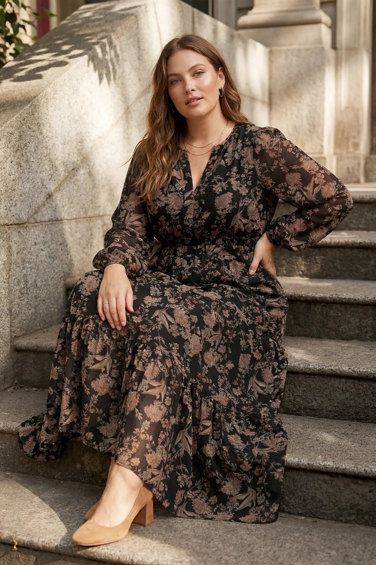 Plus Printed Tiered Maxi Dress in Black from She + Sky
