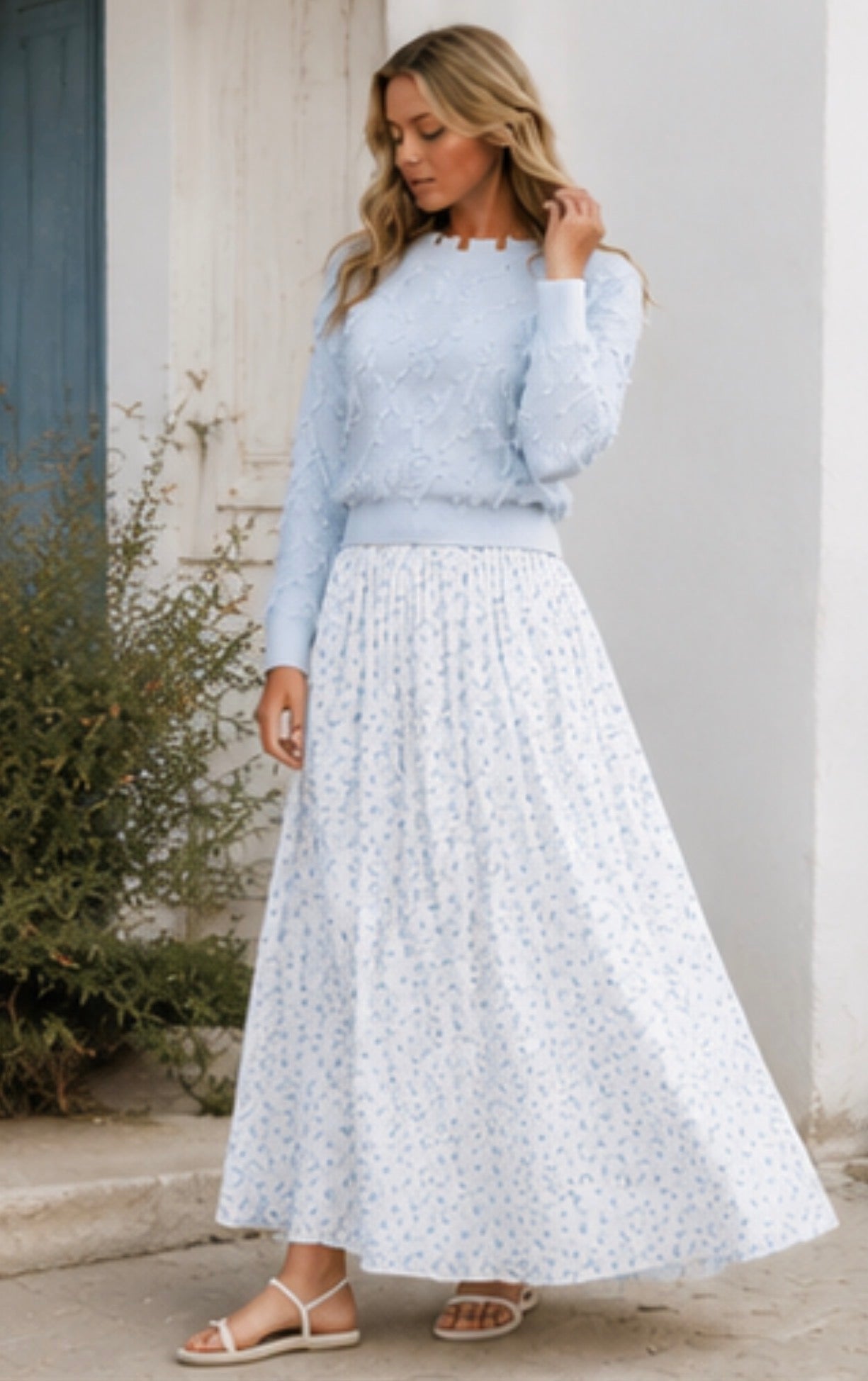 Ice blue long sleeve eyelash pullover sweater by ModestAndDevoted, featuring soft eyelash knit and a cozy fit.