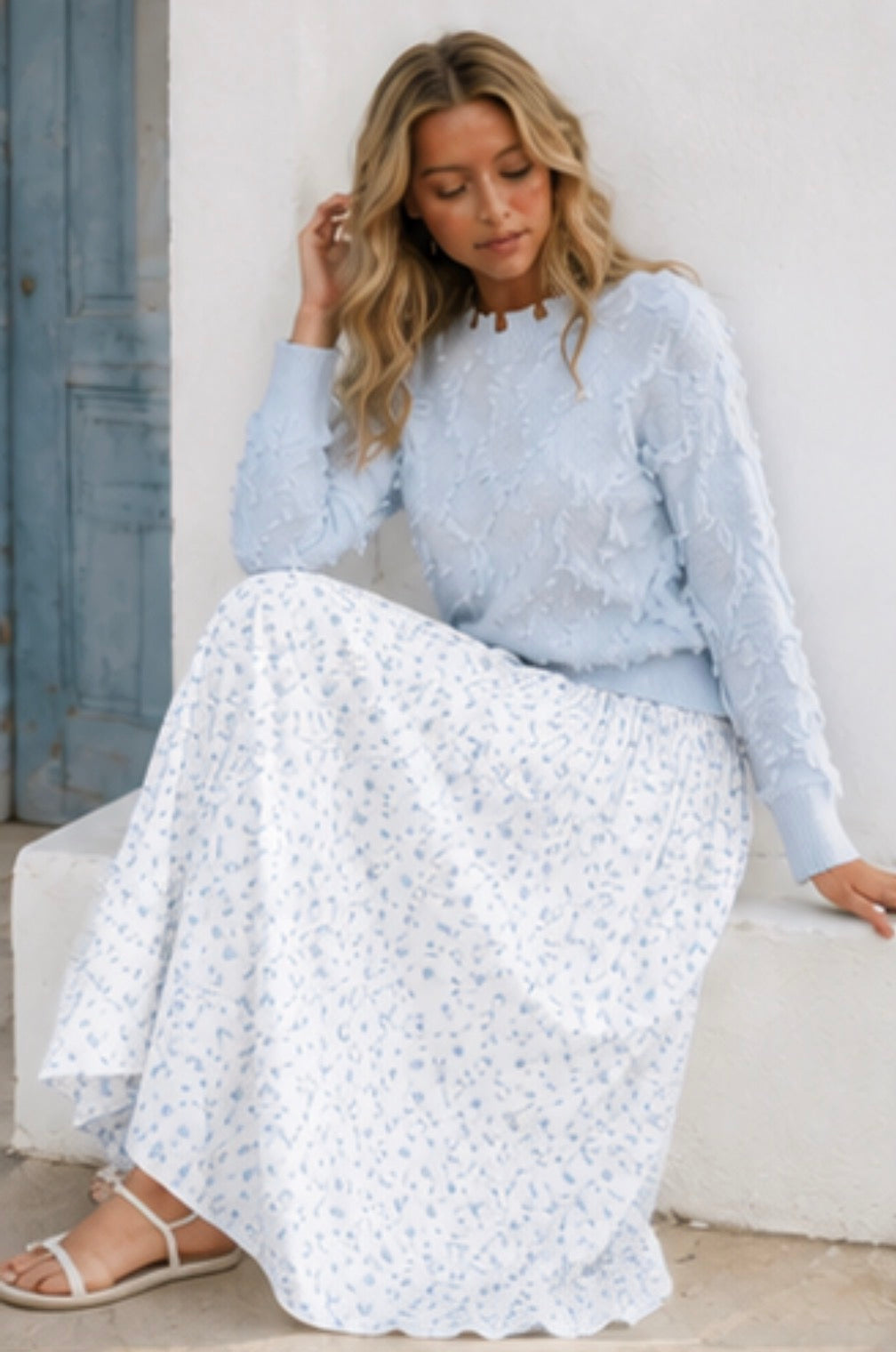 Ice blue long sleeve eyelash pullover sweater by ModestAndDevoted, featuring soft textured fabric and a cozy fit.