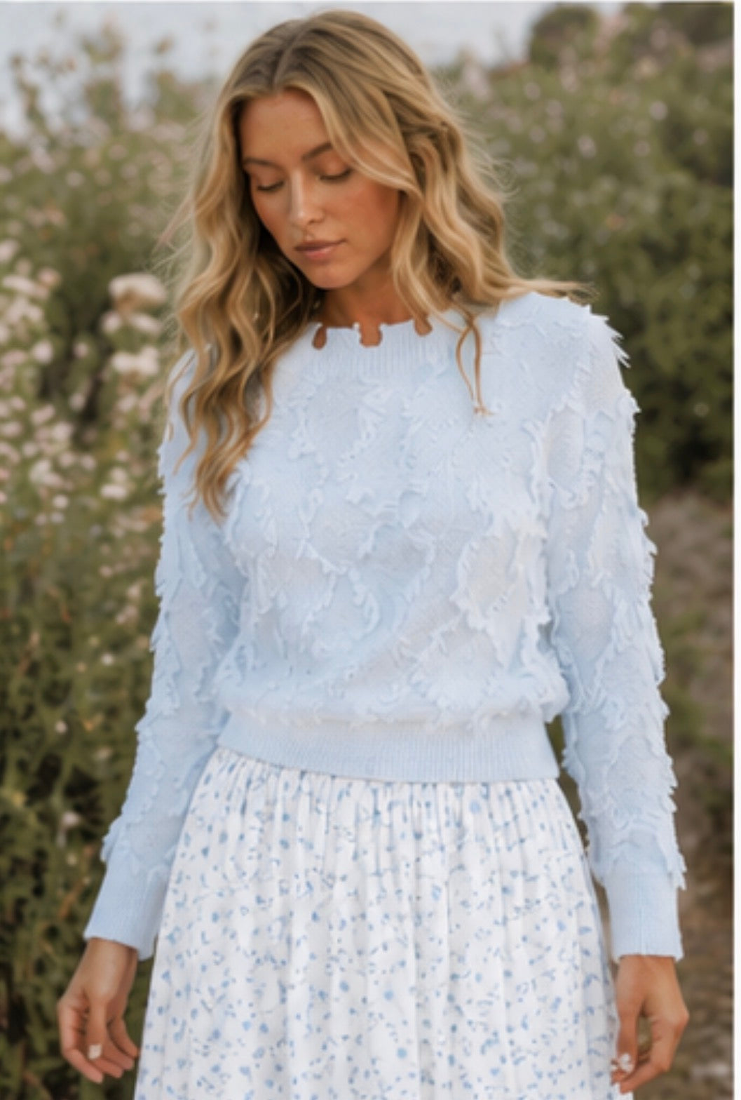Ice blue long sleeve eyelash pullover sweater by ModestAndDevoted, featuring a soft, textured eyelash knit fabric and a relaxed fit.