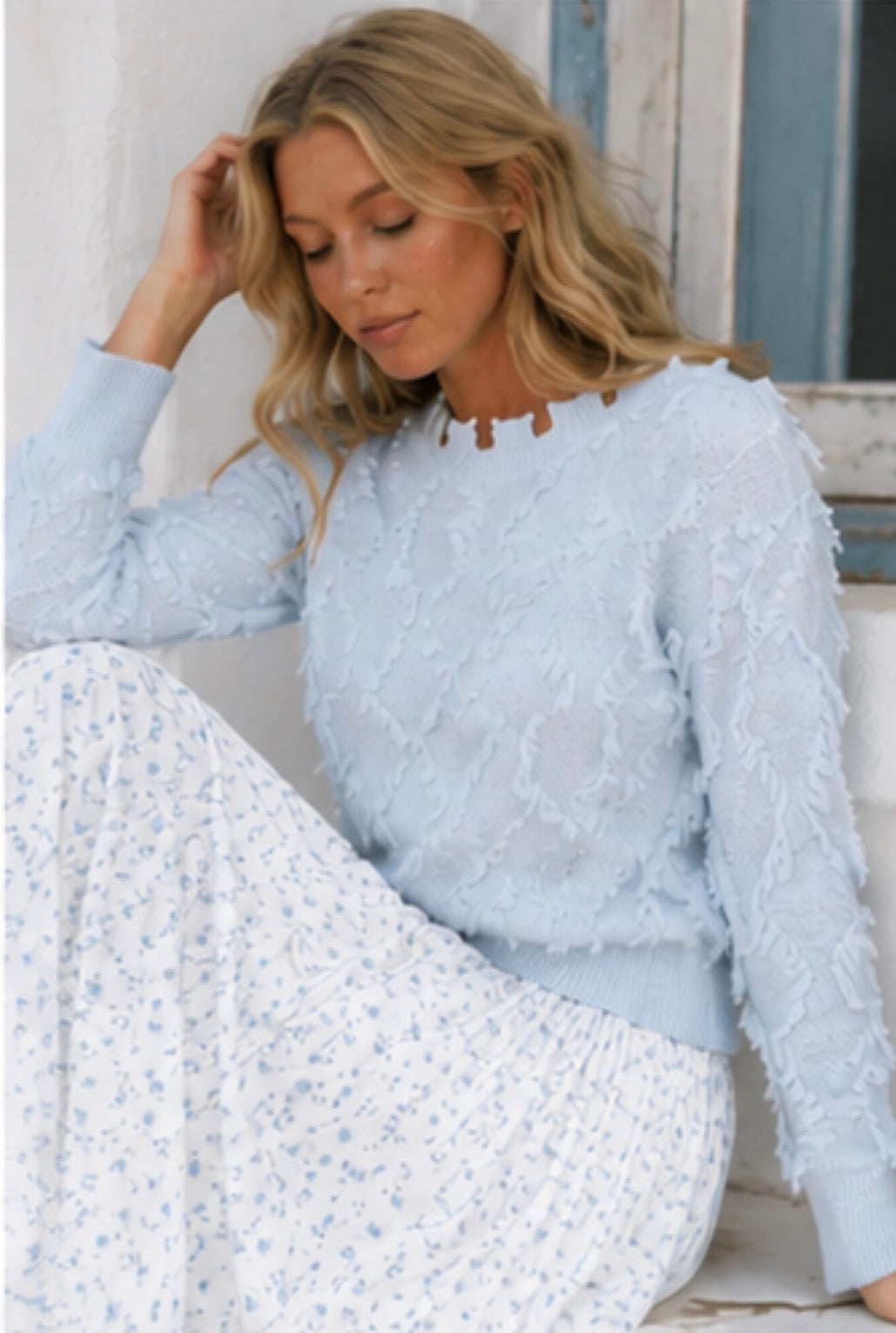 Ice blue long sleeve eyelash pullover sweater by ModestAndDevoted, showing soft textured knit and classic fit.