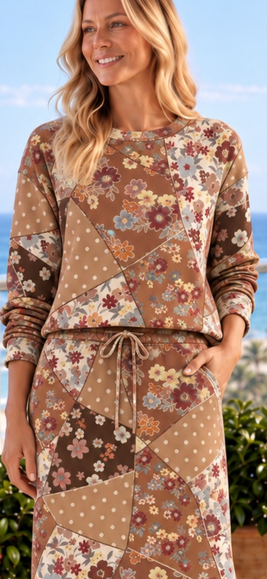 Celeste Brown Multi Patch two-piece French terry top and skirt set in brown and cream patchwork