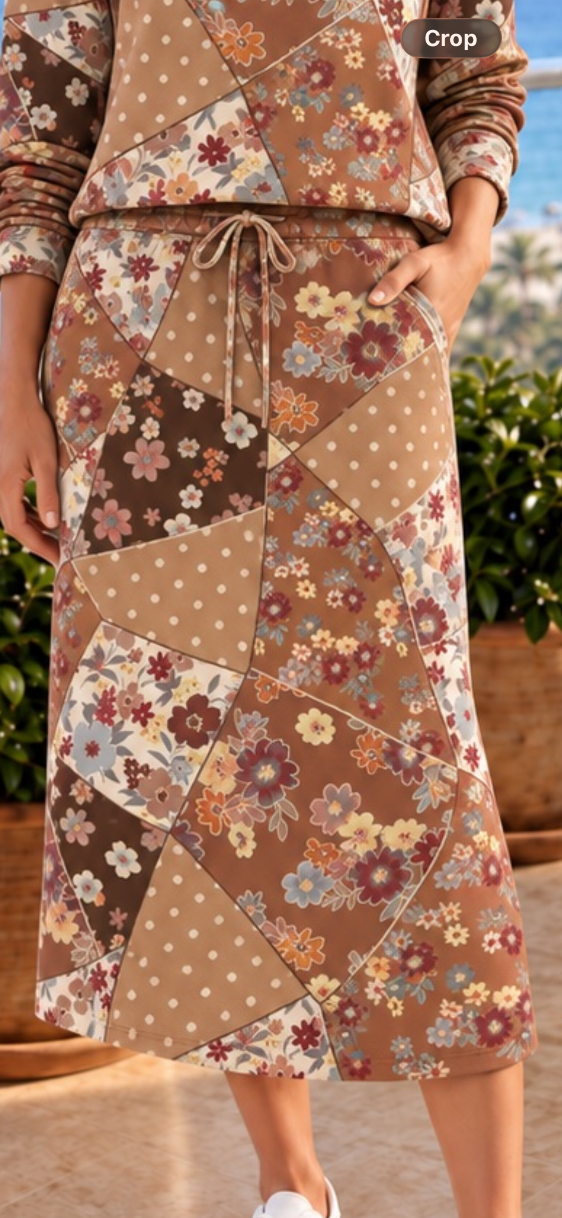 Celeste Brown Multi Patch matching top and skirt with mixed floral and geometric prints
