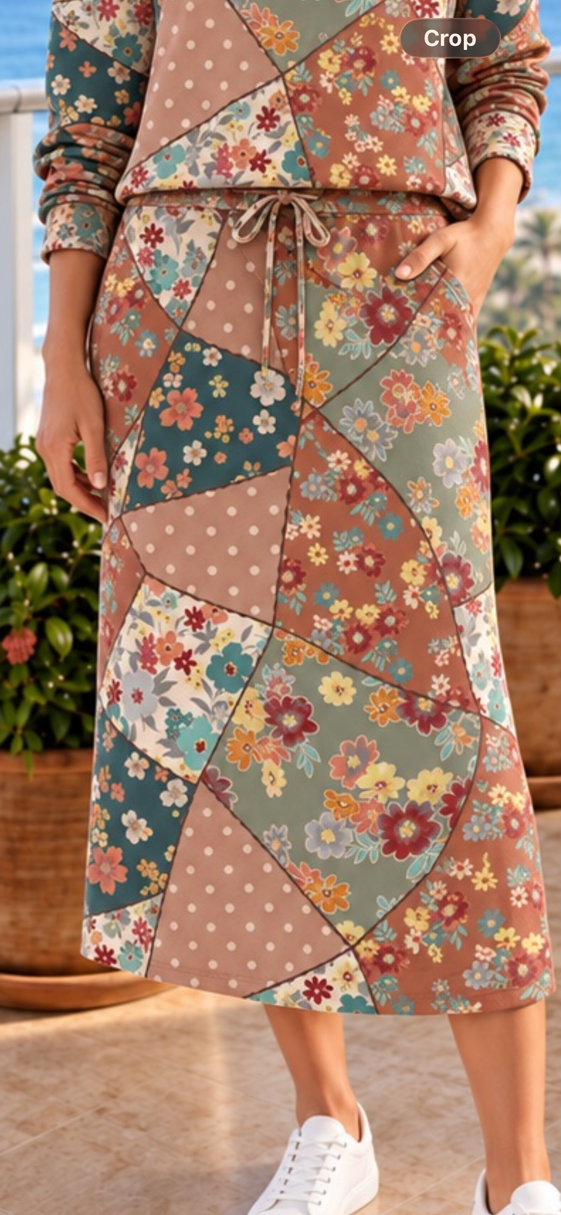 Celeste Hunter Green Multi Patch coordinating long-sleeve top and skirt in mixed floral patchwork