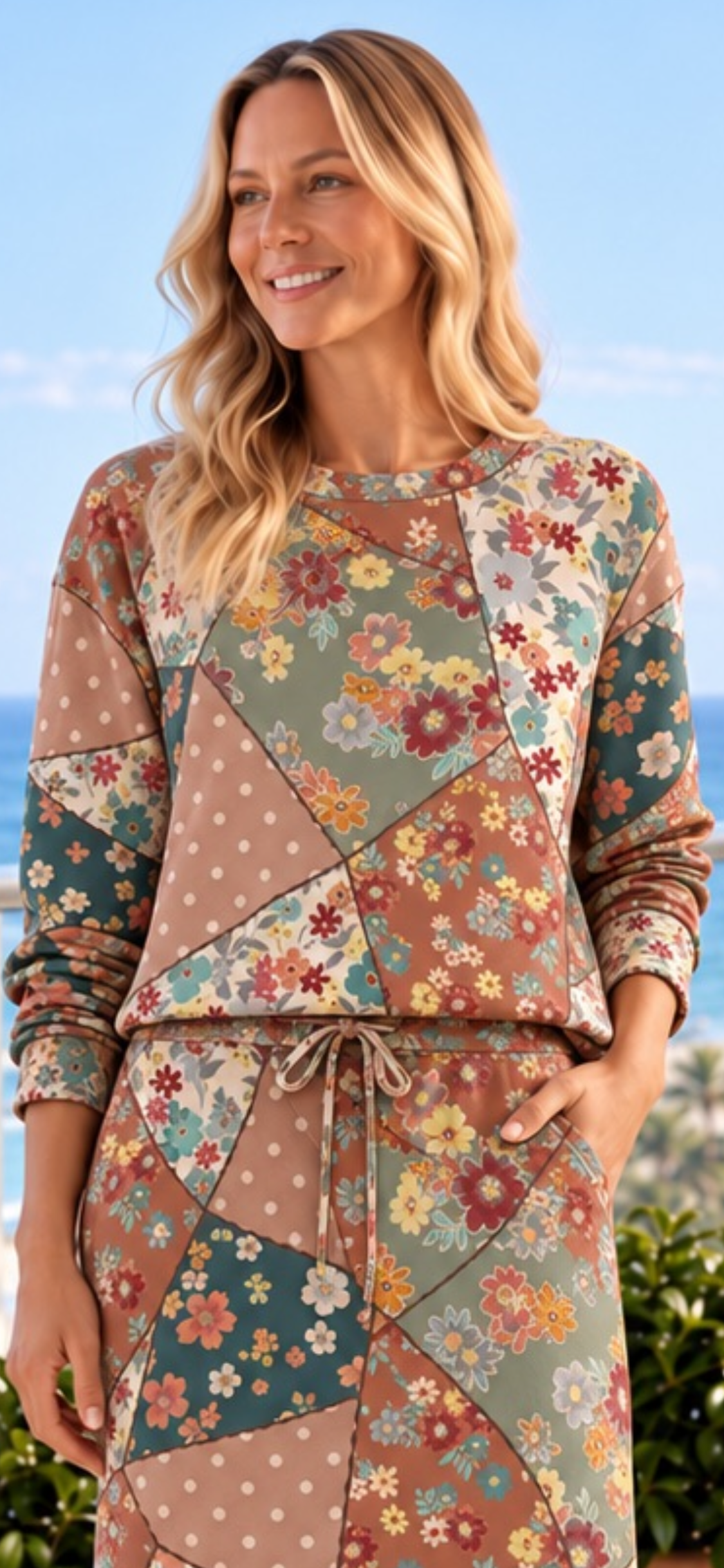 Celeste Hunter Green Multi Patch matching French terry top and skirt set in green and brown patchwork print