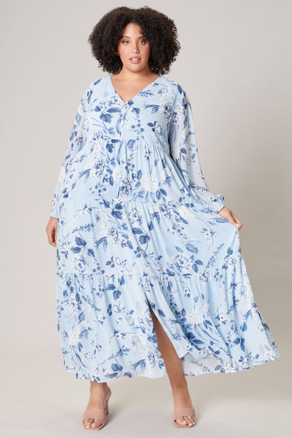 Cadaval Mabel Maxi Dress Blue Denim Floral front view