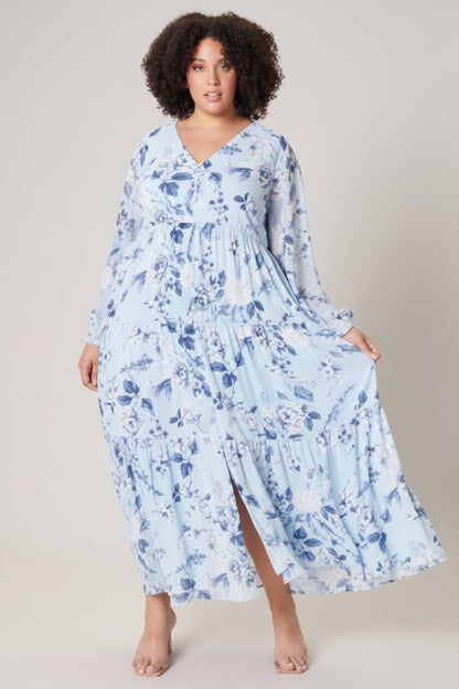 Cadaval Mabel Maxi Dress Blue Denim Floral front close