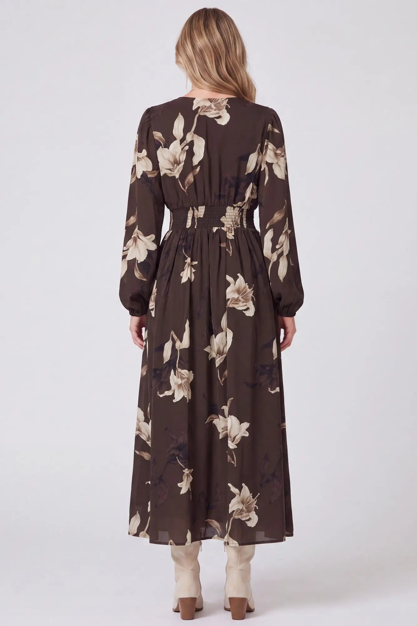 Long Sleeve Woven Print Smocked Maxi Dress - back view