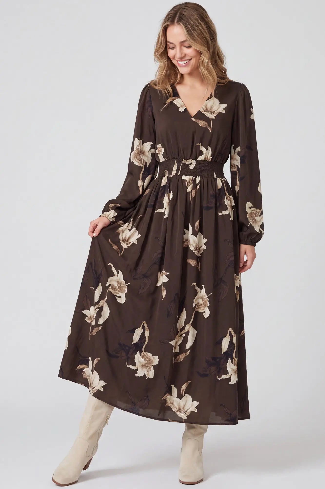 Long Sleeve Woven Print Smocked Maxi Dress - front view